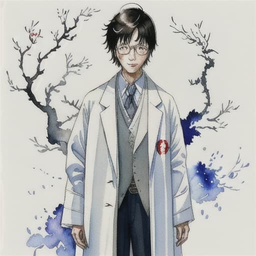 Japanese scientist wearing a white coat in a watercolor painting that looks like Harry Potter