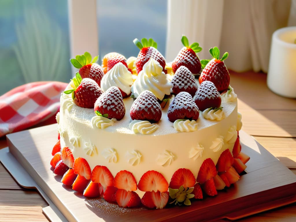  A photorealistic image of a delicate pastel de fresas frescas, showcasing layers of sponge cake filled with fresh sliced strawberries and a light, fluffy whipped cream topping. The cake is elegantly decorated with vibrant whole strawberries and dusted with a sprinkle of powdered sugar, set on a rustic wooden table with a background of blooming spring flowers and dappled sunlight filtering through a window, evoking a sense of freshness and seasonal delight. hyperrealistic, full body, detailed clothing, highly detailed, cinematic lighting, stunningly beautiful, intricate, sharp focus, f/1. 8, 85mm, (centered image composition), (professionally color graded), ((bright soft diffused light)), volumetric fog, trending on instagram, trending on tumblr, HDR 4K, 8K