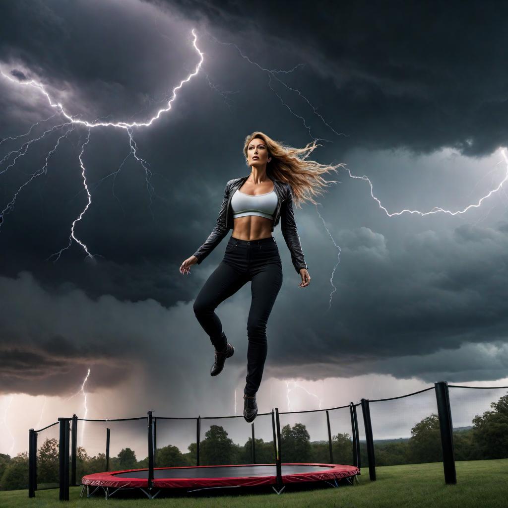  A dramatic scene of a monstrous creature terrorizing a frightened maiden on a trampoline with dark storm clouds and lightning striking in the background. hyperrealistic, full body, detailed clothing, highly detailed, cinematic lighting, stunningly beautiful, intricate, sharp focus, f/1. 8, 85mm, (centered image composition), (professionally color graded), ((bright soft diffused light)), volumetric fog, trending on instagram, trending on tumblr, HDR 4K, 8K