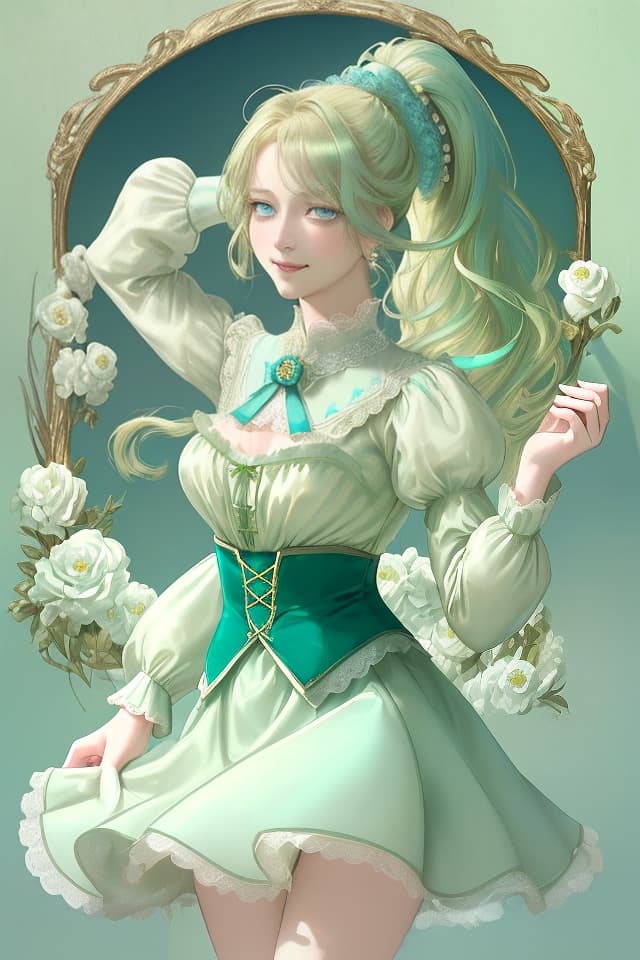  Masterpiece,one delicate lady,flaxen hair color,delicate hair color,shiny hair,ponytail,hair ornament is light green ribbon,delicate blue eye color,smiling,round collar,lace,long sleeves,light green Skirt,pretty blue brooch,background is flower,green,super high quality,super analysis,8K