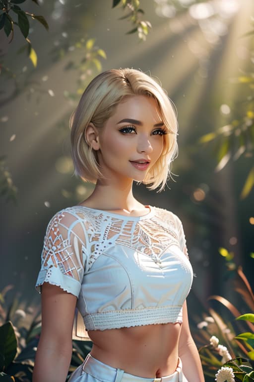  1girl,1girl,blonde short hair,straight hair,upper body shot,shirt,smile hyperrealistic, full body, detailed clothing, highly detailed, cinematic lighting, stunningly beautiful, intricate, sharp focus, f/1. 8, 85mm, (centered image composition), (professionally color graded), ((bright soft diffused light)), volumetric fog, trending on instagram, trending on tumblr, HDR 4K, 8K