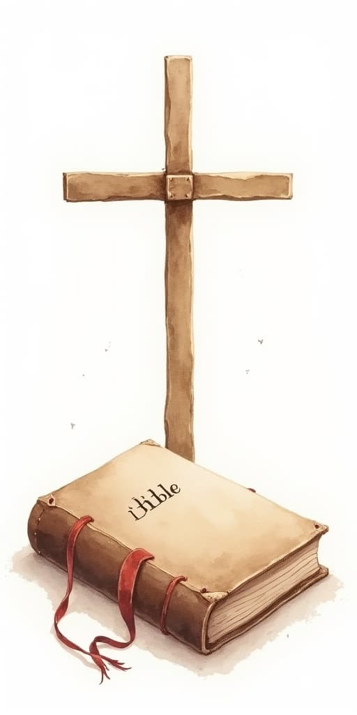  good quality, high quality, watercolor illustration of holy bible with cross on cover, white background