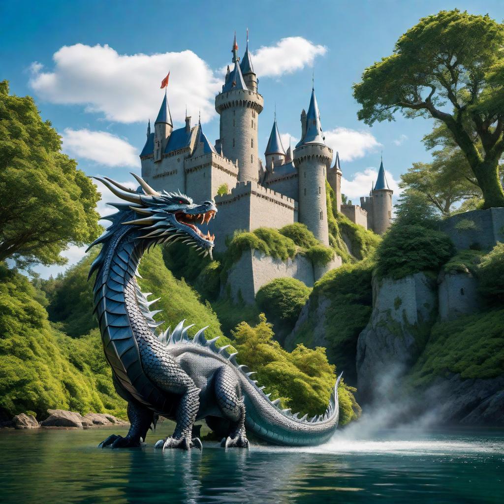  A majestic dragon breathing fire above a castle standing in the middle of water, under a clear blue sky. The dragon's scales are shimmering in the sunlight, and the castle is surrounded by lush greenery. hyperrealistic, full body, detailed clothing, highly detailed, cinematic lighting, stunningly beautiful, intricate, sharp focus, f/1. 8, 85mm, (centered image composition), (professionally color graded), ((bright soft diffused light)), volumetric fog, trending on instagram, trending on tumblr, HDR 4K, 8K