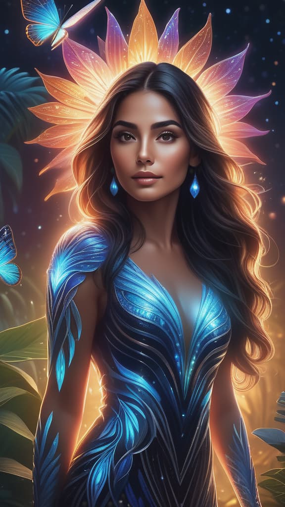  photo RAW,HD,8K, (Ultra detailed illustration of a realistic beautiful hispanic woman lost in a magical world of wonders, glowy, incredibly detailed, night, ( add depth, Hyperdetailed,hyper realistic background:1.5), bioluminescence, ultrarealistic, hyperrealistice:  (shiny aura, highly detailed, intricate motifs, perfect composition, smooth, sharp focus, sparkling particles, background Realistic, In a captivating art piece, a whimsical virtual regal amoeba blob creature takes center stage, This vibrant  image showcases a charming and charismatic character, reminiscent of a blob-like organism. The virtual creation is brought to life with vivid colors and impeccable detailing, capturing every intricate texture and contour. radiates with play hyperrealistic, full body, detailed clothing, highly detailed, cinematic lighting, stunningly beautiful, intricate, sharp focus, f/1. 8, 85mm, (centered image composition), (professionally color graded), ((bright soft diffused light)), volumetric fog, trending on instagram, trending on tumblr, HDR 4K, 8K