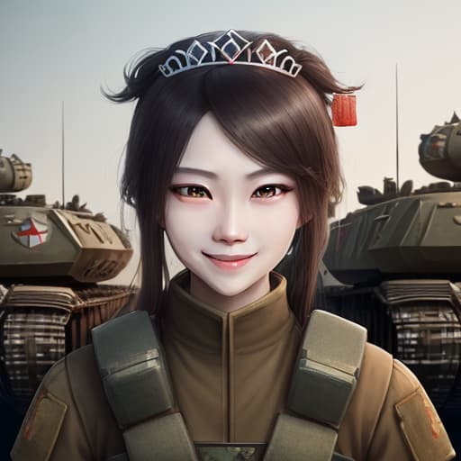  a highly detailed 4K AI art of a Chinese female tankist with a smiling expression and wearing a tiara. Surrounded by tanks .