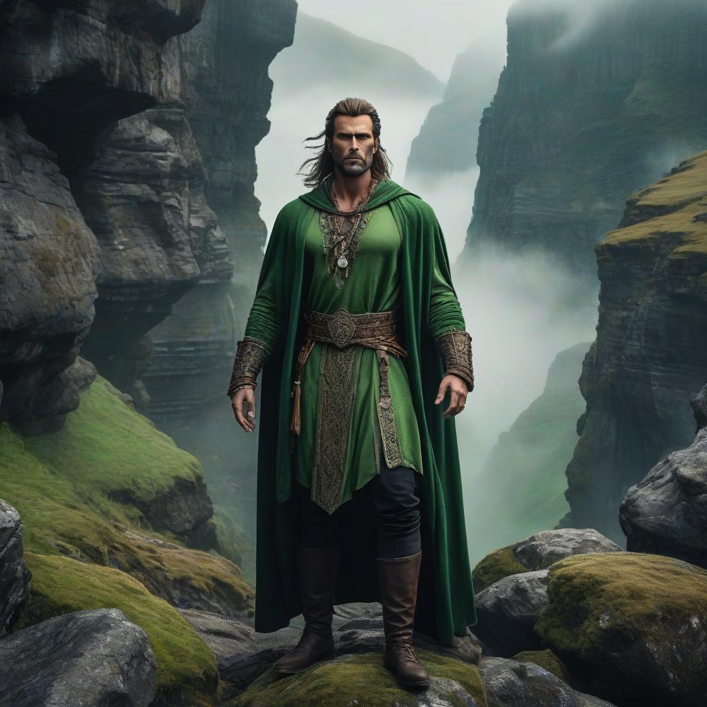  horror themed Earth god, spirit of the earth, master of the mountains, man with brown hair and green eyes, flying over cliffs, on his hair and clothes decorations of green stones face prominently, in the background rocks, fog, wind, magic, sorcery . eerie, unsettling, dark, spooky, suspenseful, grim, highly detailed hyperrealistic, full body, detailed clothing, highly detailed, cinematic lighting, stunningly beautiful, intricate, sharp focus, f/1. 8, 85mm, (centered image composition), (professionally color graded), ((bright soft diffused light)), volumetric fog, trending on instagram, trending on tumblr, HDR 4K, 8K