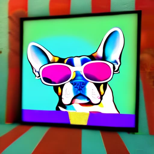  An Andy Warhol style painting of a french bulldog wearing sunglasses