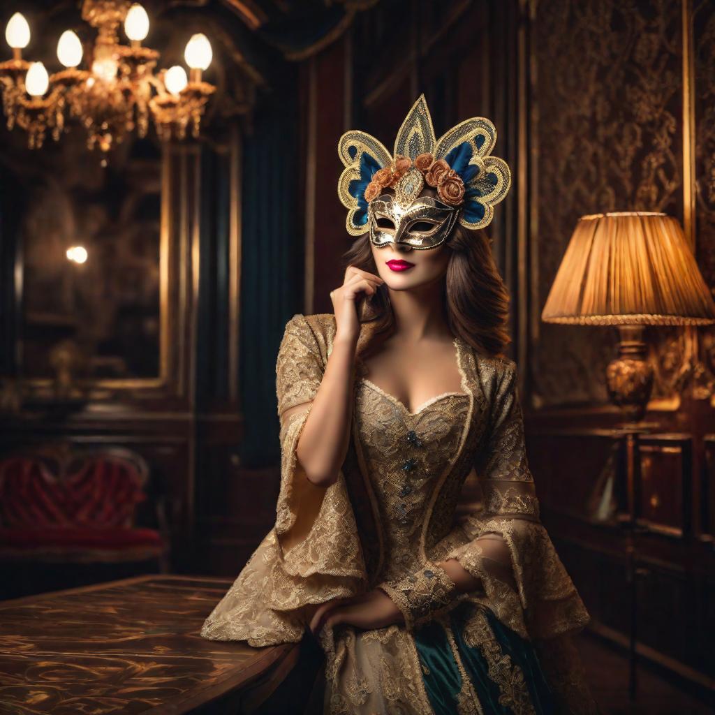  young lady in posing in vintage interior. beautiful and young woman posing in and venetian mask on dark background. vintage interior and retro background, cute, hyper detail, full HD hyperrealistic, full body, detailed clothing, highly detailed, cinematic lighting, stunningly beautiful, intricate, sharp focus, f/1. 8, 85mm, (centered image composition), (professionally color graded), ((bright soft diffused light)), volumetric fog, trending on instagram, trending on tumblr, HDR 4K, 8K