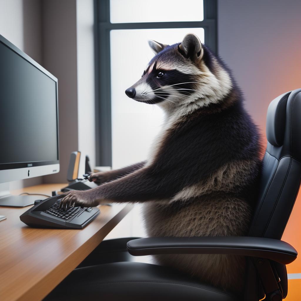  raccoon sitting in gaming chair front a computer on desktop, ((semi anthropomorphic)),(full body), tail, belly, sitting, fat, (chubby), (((white background))), solo, desktop, gaming chair, side view,  [[[clothes]]] hyperrealistic, full body, detailed clothing, highly detailed, cinematic lighting, stunningly beautiful, intricate, sharp focus, f/1. 8, 85mm, (centered image composition), (professionally color graded), ((bright soft diffused light)), volumetric fog, trending on instagram, trending on tumblr, HDR 4K, 8K