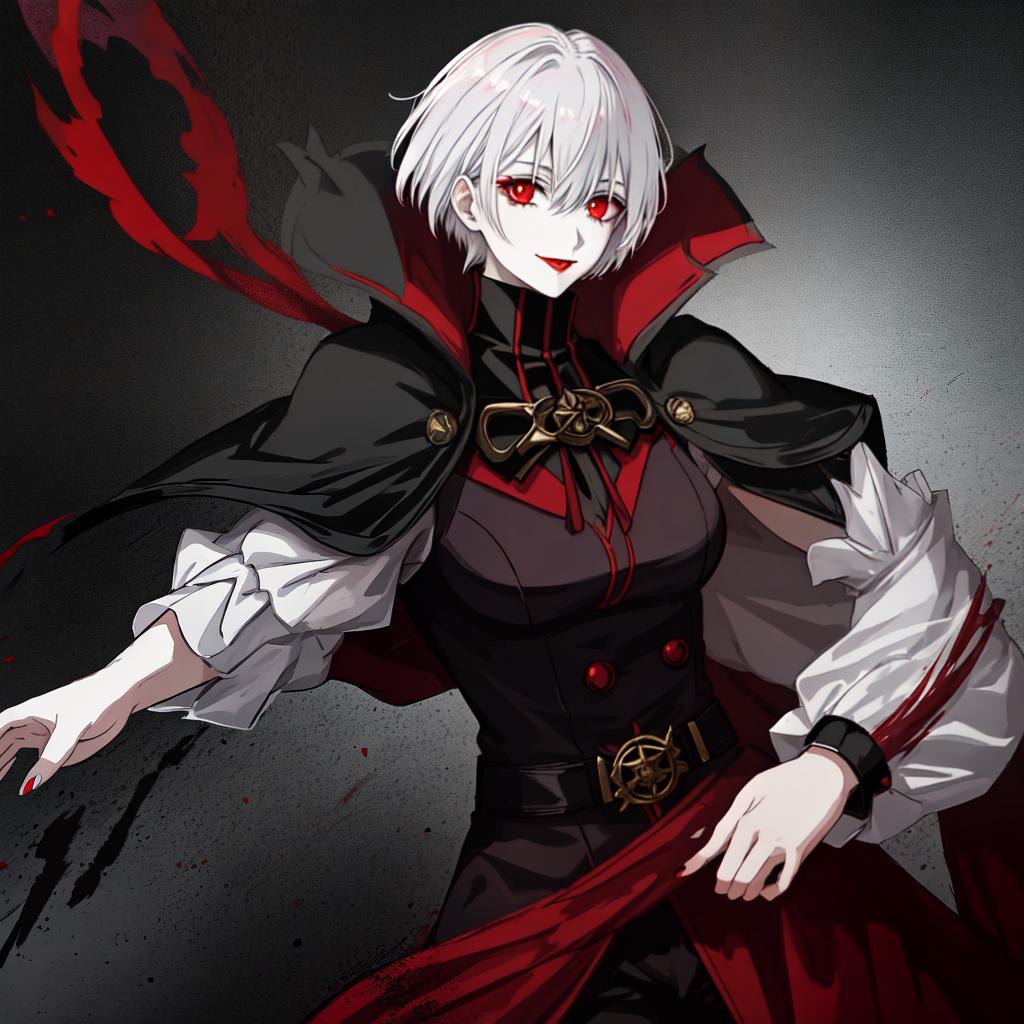  in an anime style, clown goth vampire skin female white messy pixie hair dark red lipstick wearing black military uniform doctor strange cape. evil smile glowing energy.