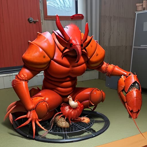  an evil giant lobster who has a chicken as a pet