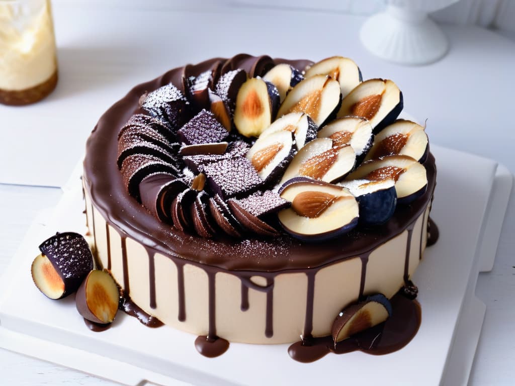  A closeup, photorealistic image of a decadent and mouthwatering almond butter and dark chocolate tart, garnished with toasted almond slices and a dollop of whipped cream. The glossy chocolate ganache glaze on top reflects the light, showcasing the rich layers of almond butter filling and buttery crust. The tart is elegantly presented on a sleek white plate, set against a dark background to make the dessert pop, enticing viewers with its sumptuous texture and luxurious appearance. hyperrealistic, full body, detailed clothing, highly detailed, cinematic lighting, stunningly beautiful, intricate, sharp focus, f/1. 8, 85mm, (centered image composition), (professionally color graded), ((bright soft diffused light)), volumetric fog, trending on instagram, trending on tumblr, HDR 4K, 8K