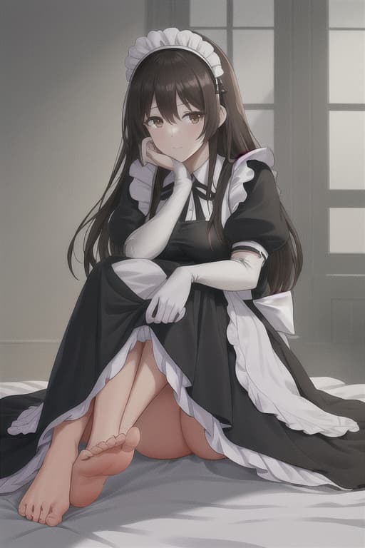  (score 9,score 8 up,score 7 up,),1girl,solo,maid,maid headdress,looking at viewer,apron,brown hair,indoors,black hair,bare foot,feet focus,two feet hyperrealistic, full body, detailed clothing, highly detailed, cinematic lighting, stunningly beautiful, intricate, sharp focus, f/1. 8, 85mm, (centered image composition), (professionally color graded), ((bright soft diffused light)), volumetric fog, trending on instagram, trending on tumblr, HDR 4K, 8K