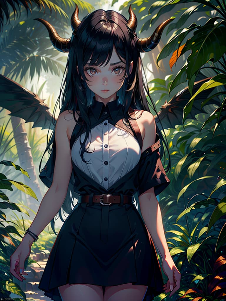  ((trending, highres, masterpiece, cinematic shot)), 1girl, chibi, female World War II outfit, jungle scene, long curly dark blue hair, parted bangs, heterochromia eyes, sweet personality, scared expression, horns, wings, very pale skin, lively, energetic hyperrealistic, full body, detailed clothing, highly detailed, cinematic lighting, stunningly beautiful, intricate, sharp focus, f/1. 8, 85mm, (centered image composition), (professionally color graded), ((bright soft diffused light)), volumetric fog, trending on instagram, trending on tumblr, HDR 4K, 8K