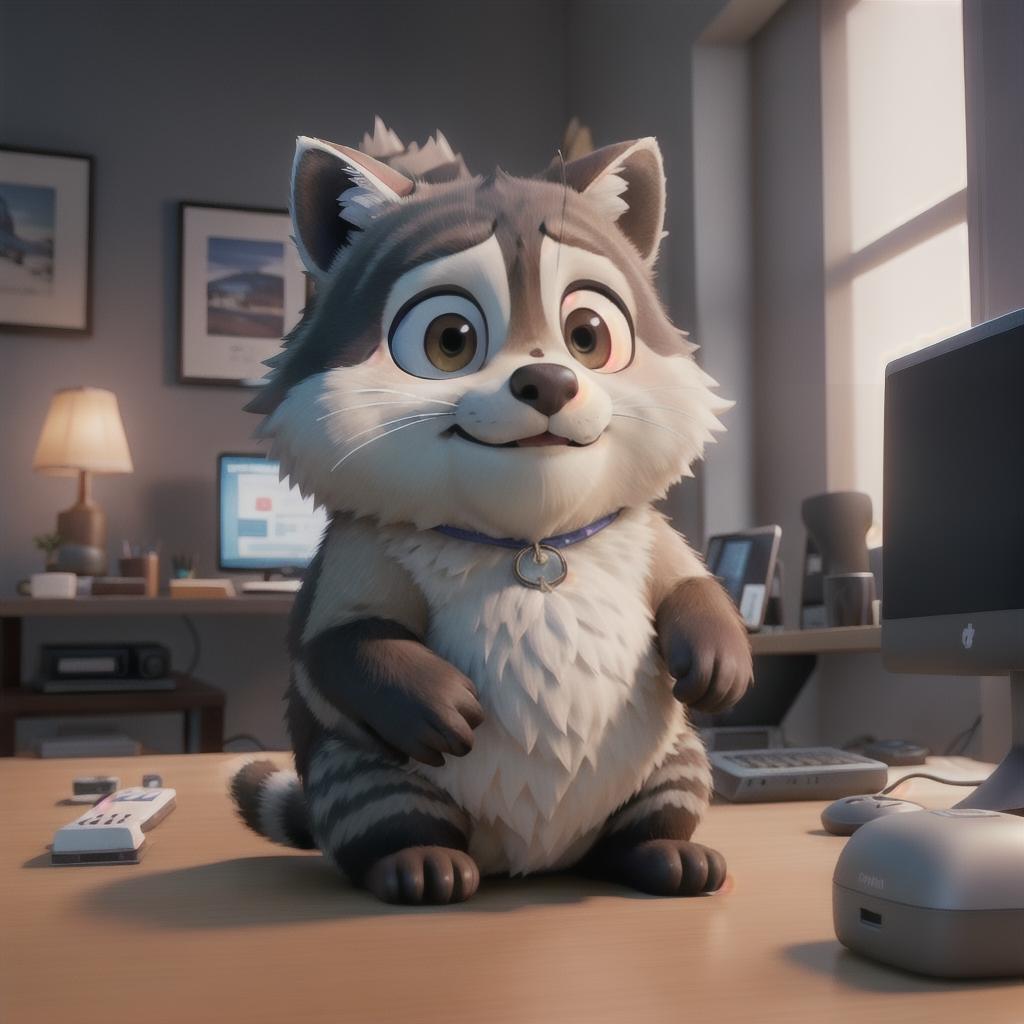  raccoon sitting in gaming chair front a computer on desktop, ((semi anthropomorphic)),(full body), tail, belly, sitting, fat, (chubby), (((white background))), solo, desktop, gaming chair, side view,  [[[clothes]]] hyperrealistic, full body, detailed clothing, highly detailed, cinematic lighting, stunningly beautiful, intricate, sharp focus, f/1. 8, 85mm, (centered image composition), (professionally color graded), ((bright soft diffused light)), volumetric fog, trending on instagram, trending on tumblr, HDR 4K, 8K