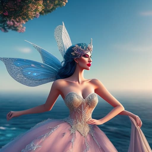  Beautiful fairy in flowing dress near the sea hyperrealistic, full body, detailed clothing, highly detailed, cinematic lighting, stunningly beautiful, intricate, sharp focus, f/1. 8, 85mm, (centered image composition), (professionally color graded), ((bright soft diffused light)), volumetric fog, trending on instagram, trending on tumblr, HDR 4K, 8K