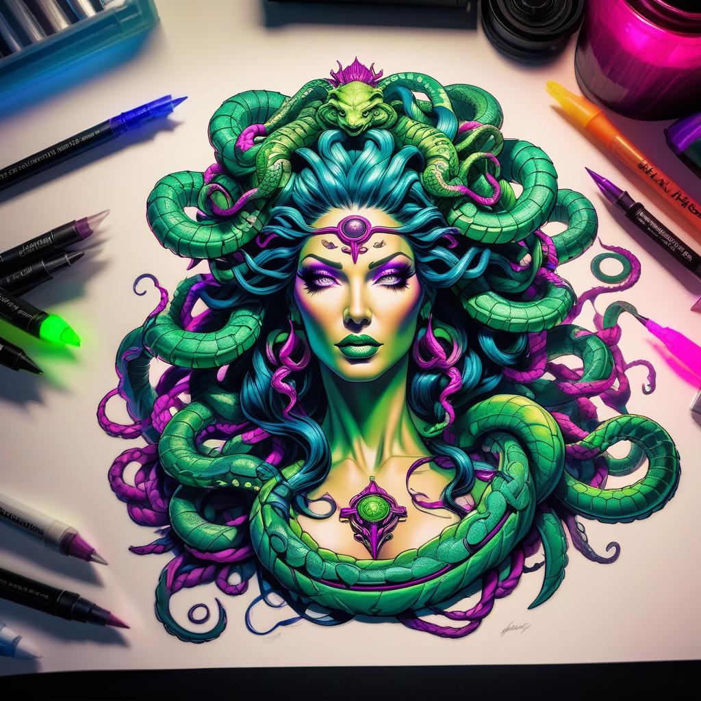  role playing game (RPG) style fantasy Medusa Gorgon tattoo sketch neon . detailed, vibrant, immersive, reminiscent of high fantasy RPG games hyperrealistic, full body, detailed clothing, highly detailed, cinematic lighting, stunningly beautiful, intricate, sharp focus, f/1. 8, 85mm, (centered image composition), (professionally color graded), ((bright soft diffused light)), volumetric fog, trending on instagram, trending on tumblr, HDR 4K, 8K