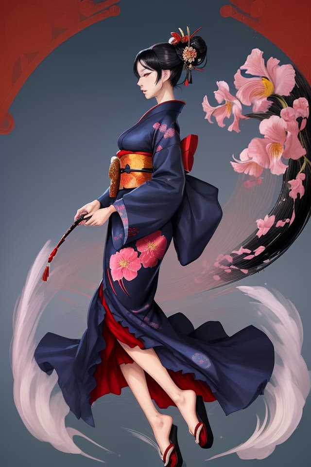  (Full body illustration) 美人、Japanese geisha,chic kimono,masterpiece,shiny black hair,profile,updo,red kimono with iris pattern,navy blue obi,high quality,8K