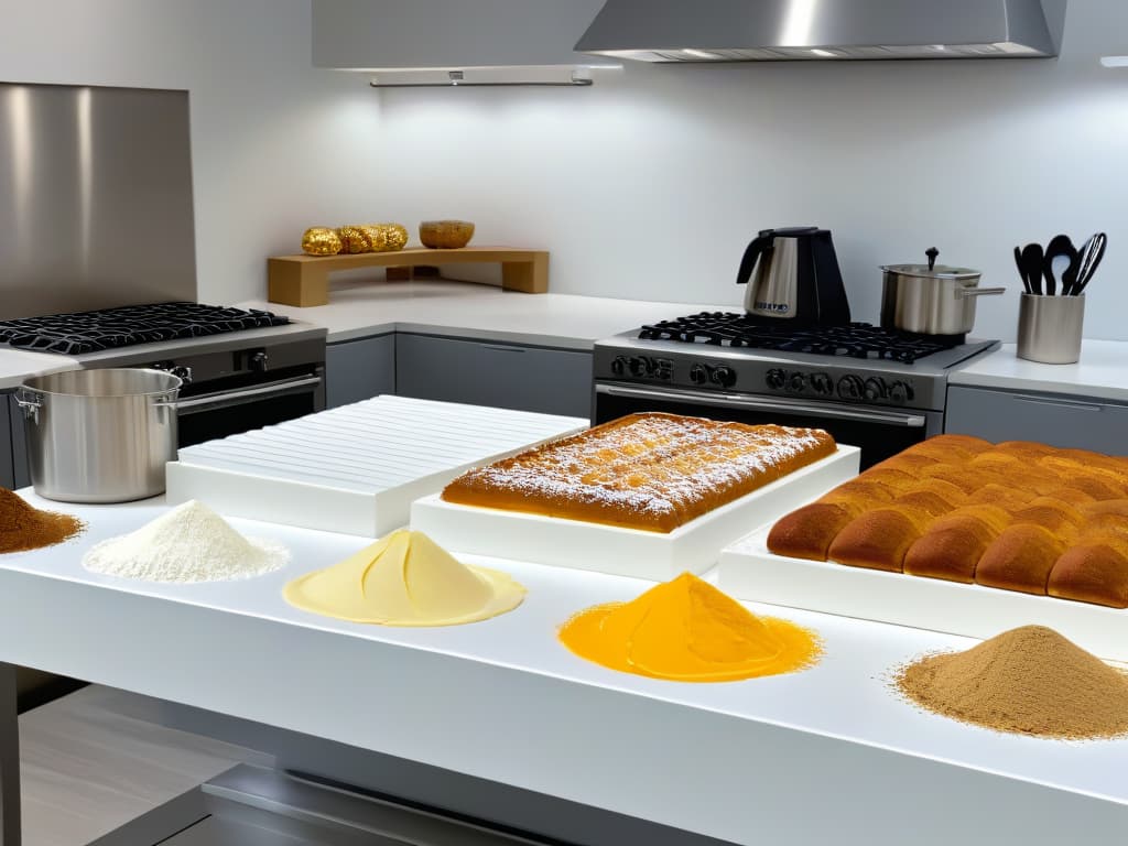  A highresolution image of a sleek, modern kitchen countertop showcasing a variety of baking tools and ingredients neatly arranged. The minimalist design highlights the essential equipment needed for using augmented reality in baking, including measuring cups, mixing bowls, spatulas, piping bags, and assorted baking ingredients like flour, sugar, and eggs. The image exudes a professional and inspirational vibe, setting the tone for the informative article on the advantages of learning pastry through augmented reality. hyperrealistic, full body, detailed clothing, highly detailed, cinematic lighting, stunningly beautiful, intricate, sharp focus, f/1. 8, 85mm, (centered image composition), (professionally color graded), ((bright soft diffused light)), volumetric fog, trending on instagram, trending on tumblr, HDR 4K, 8K