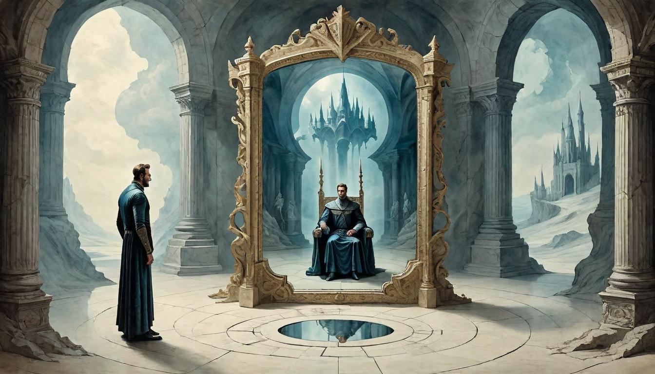  on parchment, surrealism+++, A mirror reflecting a distorted throne room, becoming clearer and more orderly with the presence of a solitary figure entering, integrity reshaping perception, transformation through presence(mysterious, provocative, symbolic,muted color)+++