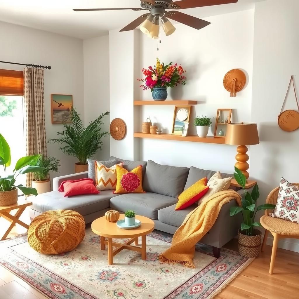  vibrant boho living room decorated for each season, featuring colorful throw pillows, seasonal plants, and natural decorations like dried flowers in autumn, bright blooms in spring, beach themed decor for summer, and cozy textiles for winter. showcase the warmth and versatility of a boho aesthetic throughout the year.,