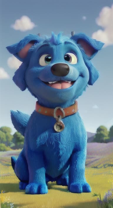  {A happy, big blue dog wagging its tail in a colorful meadow, The big blue dog is large with sky blue fur, big round eyes, a black nose, and floppy ears.