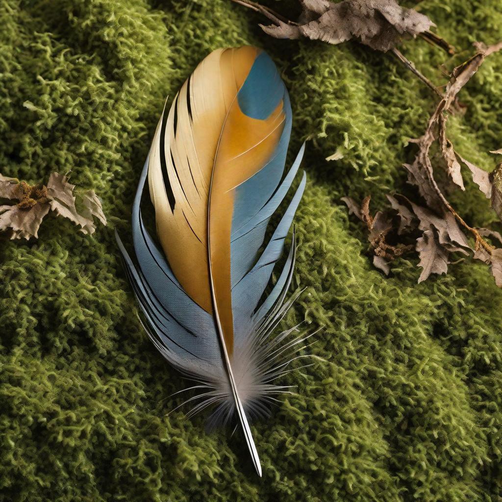  masterpiece, best quality, A majestic eagle feather, delicately placed on a moss-covered rock amidst a lush forest. Sunlight filters through the dense foliage, casting a soft golden glow on the feather. The vibrant greenery and the sound of chirping birds create a serene and enchanting atmosphere. The photograph captures the intricate details of the feather, showcasing its graceful curves and intricate patterns. The image is captured with a high-resolution camera, using a macro lens to highlight the feather's fine textures and the surrounding natural beauty.