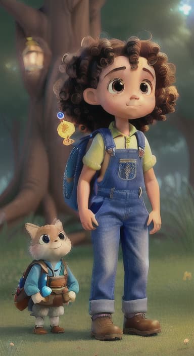  {The tree shining brightly and releasing a gentle, magical light., Riley, a curious with big brown eyes and curly hair, wearing overalls and carrying a small backpack. Their friend, Skye, a bluebird with shiny feathers.