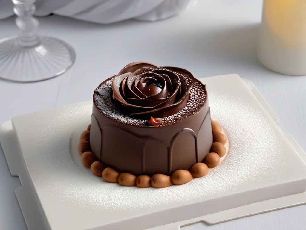  A closeup, ultradetailed photograph of a delicate, perfectly formed roseshaped foam sitting atop a decadent chocolate mousse in a sleek, modern dessert presentation. The foam is flawlessly smooth, with tiny air bubbles visible on its surface, and it glistens under a soft, ambient light, highlighting its intricate texture and glossy finish. The rich, velvety chocolate mousse serves as a luxurious base, adding depth and contrast to the overall composition. The dessert is elegantly displayed on a simple, white porcelain plate, enhancing the minimalist aesthetic of the image. hyperrealistic, full body, detailed clothing, highly detailed, cinematic lighting, stunningly beautiful, intricate, sharp focus, f/1. 8, 85mm, (centered image composition), (professionally color graded), ((bright soft diffused light)), volumetric fog, trending on instagram, trending on tumblr, HDR 4K, 8K