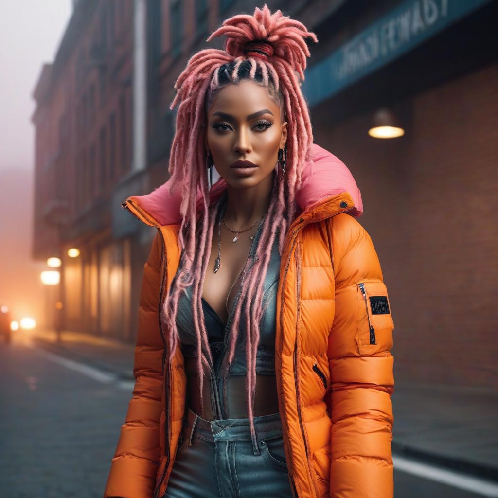  The is a hip hop style model in an orange down jacket with pink dreadlocks  hyperrealistic, full body, detailed clothing, highly detailed, cinematic lighting, stunningly beautiful, intricate, sharp focus, f/1. 8, 85mm, (centered image composition), (professionally color graded), ((bright soft diffused light)), volumetric fog, trending on instagram, trending on tumblr, HDR 4K, 8K