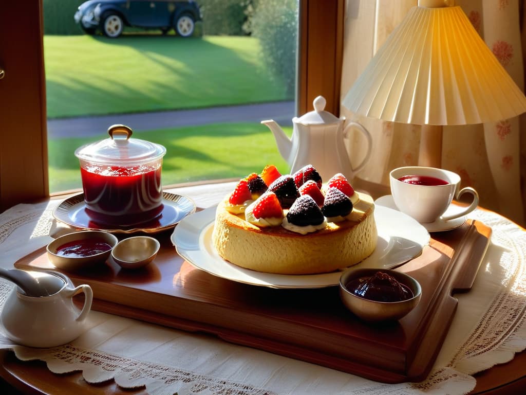  An elegant tea set arranged on a vintage lace tablecloth, featuring a tiered tray of freshly baked scones topped with clotted cream and strawberry jam, accompanied by a steaming pot of Earl Grey tea in delicate porcelain cups. Sunlight streams through a nearby window, casting a warm glow on the scene, creating a cozy and inviting atmosphere perfect for a traditional British afternoon tea. hyperrealistic, full body, detailed clothing, highly detailed, cinematic lighting, stunningly beautiful, intricate, sharp focus, f/1. 8, 85mm, (centered image composition), (professionally color graded), ((bright soft diffused light)), volumetric fog, trending on instagram, trending on tumblr, HDR 4K, 8K