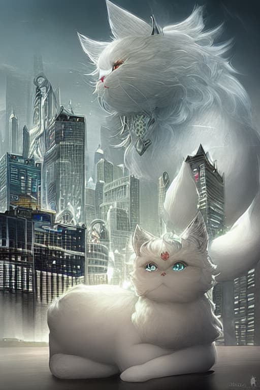  White persian cat, in a future city