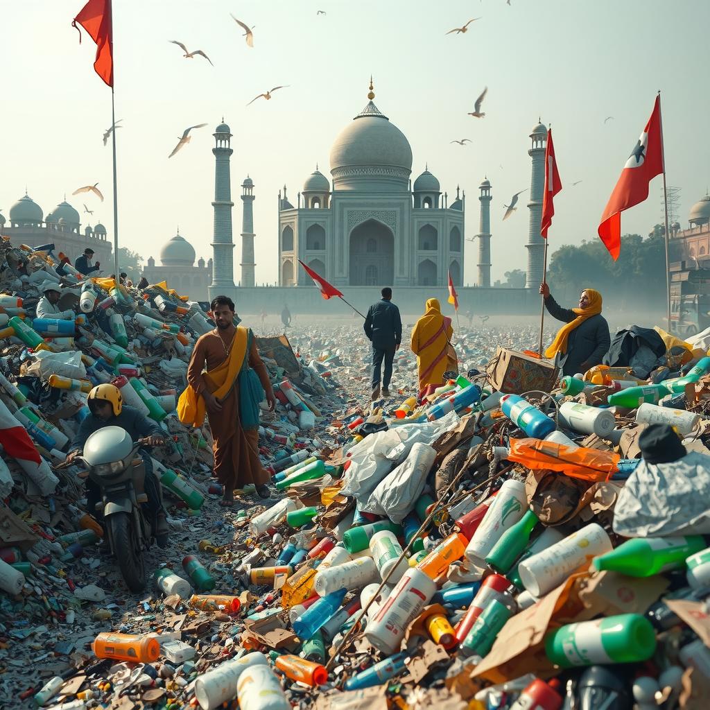  a haunting, surreal real image of a plastic filled environment in india, with plastic waste overflowing from streets, rivers, and landscapes. plastic bags, bottles, and microbeads litter the scene, with a few iconic indian elements (e.g. taj mahal, indian streets) visible in the background. the image should convey the overwhelming scale of plastic pollution in india hyperrealistic, full body, detailed clothing, highly detailed, cinematic lighting, stunningly beautiful, intricate, sharp focus, f/1. 8, 85mm, (centered image composition), (professionally color graded), ((bright soft diffused light)), volumetric fog, trending on instagram, trending on tumblr, HDR 4K, 8K