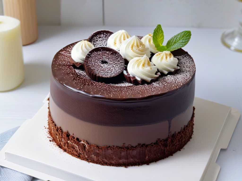  An ultradetailed closeup image of a decadent chocolate quinoa cake, showcasing layers of moist chocolate cake filled with fluffy quinoainfused cream, topped with a glossy chocolate ganache and delicate quinoa crisps. The cake is elegantly presented on a sleek white plate, with a dusting of cocoa powder and a sprig of fresh mint for a pop of color, all set against a soft, diffused lighting that highlights the rich textures and intricate details of this indulgent yet nutritious dessert. hyperrealistic, full body, detailed clothing, highly detailed, cinematic lighting, stunningly beautiful, intricate, sharp focus, f/1. 8, 85mm, (centered image composition), (professionally color graded), ((bright soft diffused light)), volumetric fog, trending on instagram, trending on tumblr, HDR 4K, 8K