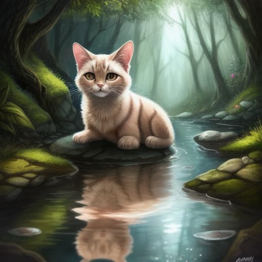  watercolor, storybook, child-book, A cute anthropomorphic cat finding a small creek with sparkling clear water inside the dark forest, looking amazed, reflections of light on water, cute anthropomorphic cat, small creek, best quality, very detailed, high resolution, sharp, sharp image hyperrealistic, full body, detailed clothing, highly detailed, cinematic lighting, stunningly beautiful, intricate, sharp focus, f/1. 8, 85mm, (centered image composition), (professionally color graded), ((bright soft diffused light)), volumetric fog, trending on instagram, trending on tumblr, HDR 4K, 8K