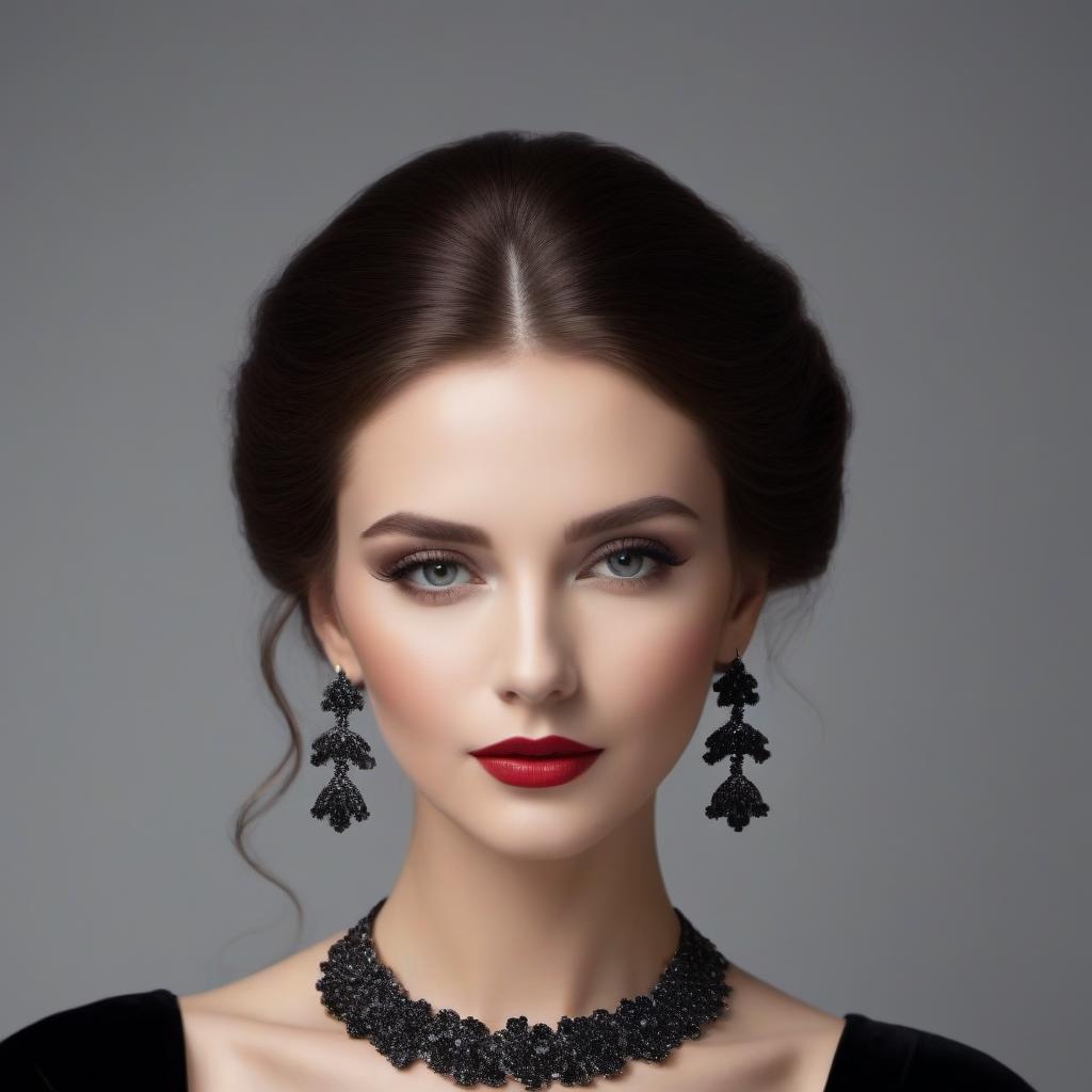  A beautiful in a black black , in jewelry with diamonds.In the style of artist Klimt