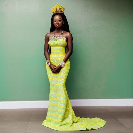  A Ghanaian modern bride in a stylish mint green Ghanaian KENTE gown with chains and petals . Should be a mermaid dress that looks regal and has highlights of kente colors. Must look like a beauty queen with a golden crown