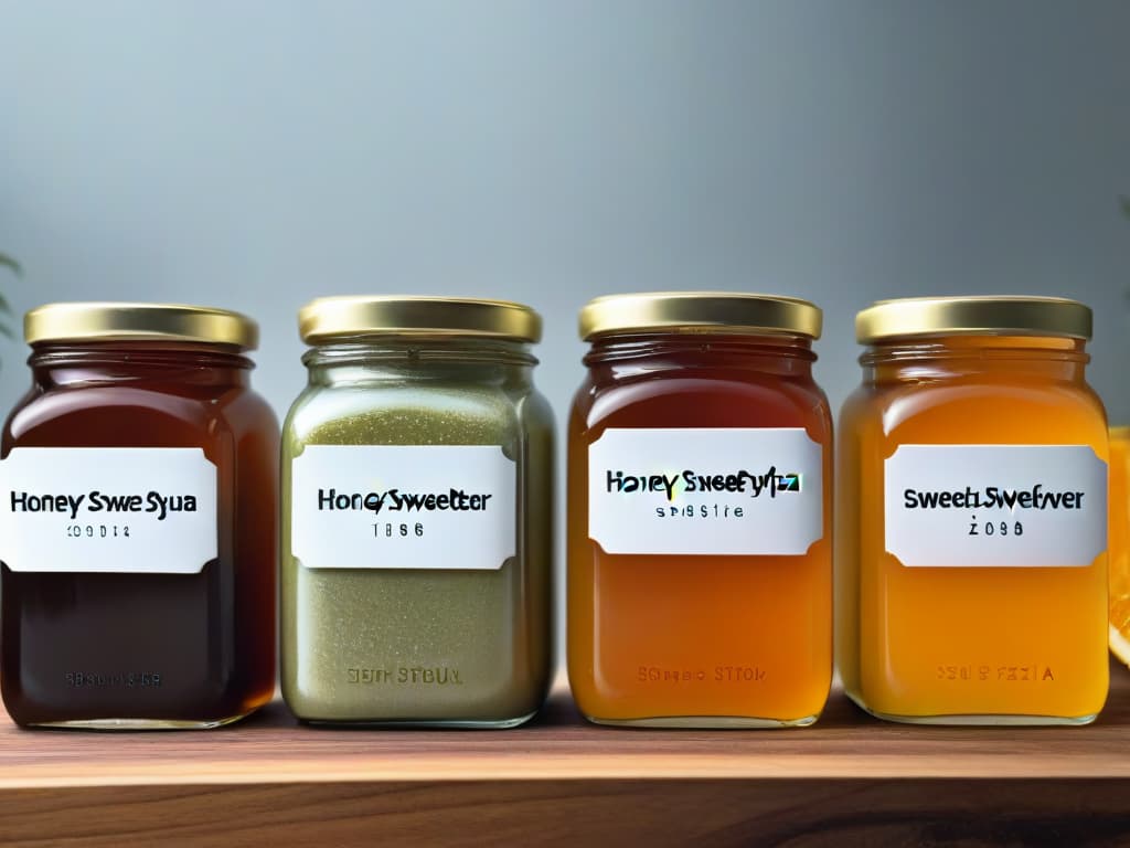  An ultradetailed image of a variety of natural sweeteners like honey, maple syrup, agave nectar, and stevia arranged in elegant glass jars on a sleek, modern wooden tabletop. Each jar is impeccably labeled in a sophisticated font, with a soft, natural light casting gentle shadows, highlighting the textures and colors of the different sweeteners. The overall aesthetic is clean, elegant, and visually appealing, perfect for a professional and informative article on selecting the right natural sweetener for different types of desserts. hyperrealistic, full body, detailed clothing, highly detailed, cinematic lighting, stunningly beautiful, intricate, sharp focus, f/1. 8, 85mm, (centered image composition), (professionally color graded), ((bright soft diffused light)), volumetric fog, trending on instagram, trending on tumblr, HDR 4K, 8K