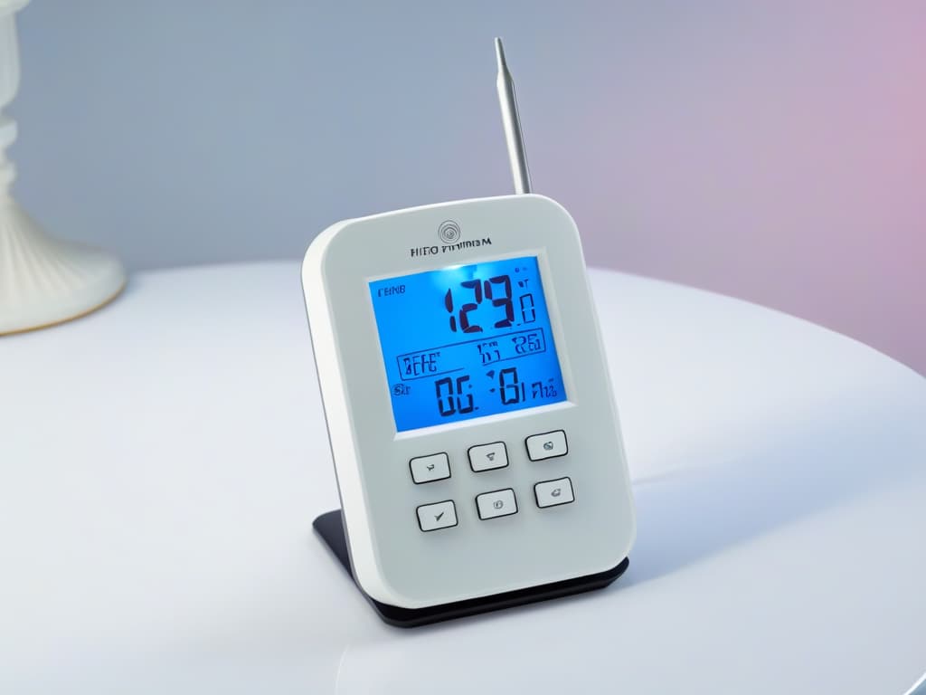  A sleek, minimalistic image of a hightech digital thermometer with a precision display showing the temperature in millimeters, set against a soft pastel background to convey a professional and inspiring tone for the article about digital thermometers for precision baking. hyperrealistic, full body, detailed clothing, highly detailed, cinematic lighting, stunningly beautiful, intricate, sharp focus, f/1. 8, 85mm, (centered image composition), (professionally color graded), ((bright soft diffused light)), volumetric fog, trending on instagram, trending on tumblr, HDR 4K, 8K