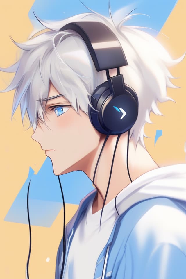  Illustration style, (up looking face) (handsome) (handsome) to music with headphones, hiGH Quality, Texture, Contrast, MALE, MALE, COOL, ONLY UPPER Ody, Short Cut, (Silver Hair Blue EYES), 8k, 16k, Wearing T Shirt