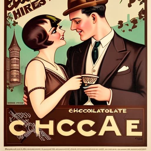  Vintage 1920’s chocolate advertising posters with a romantic couple. Foreground, pieces of fine dark chocolate in candy cups