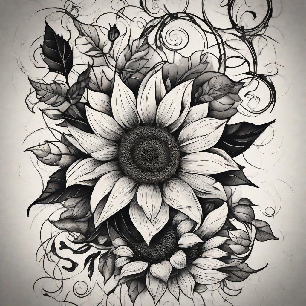  masterpiece, best quality, A close-up shot of a black ink tattoo on someone's forearm, featuring intricate vines and delicate sunflowers. The tattoo stands out against the skin, with every line and detail beautifully captured. The environment is a dimly lit room, creating an eerie and mysterious atmosphere. The style is a realistic illustration, showcasing the tattoo's artistic qualities. The lighting is soft and low-key, casting subtle shadows that add depth to the image. The realization is a high-resolution photograph taken with a professional DSLR camera, using a macro lens to capture the tattoo's fine details.