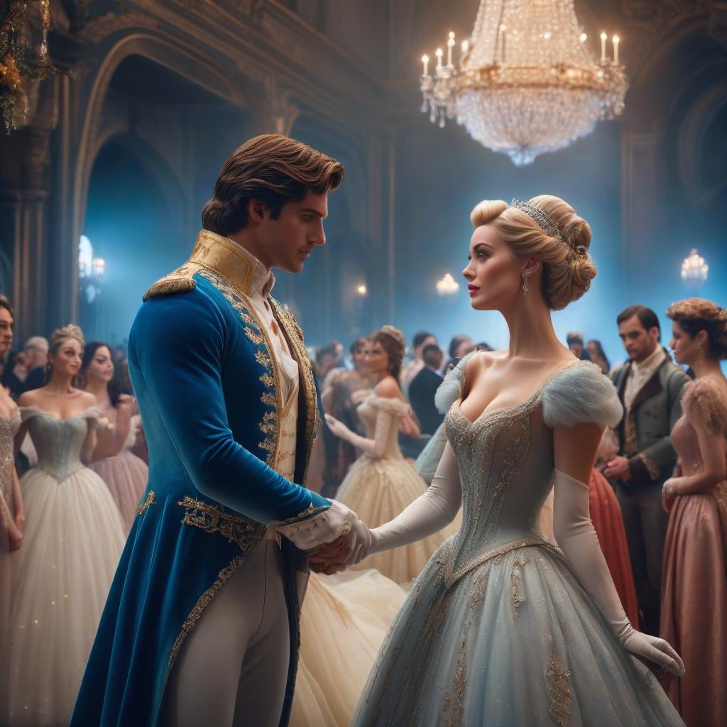  Cinderella met the prince at the ball hyperrealistic, full body, detailed clothing, highly detailed, cinematic lighting, stunningly beautiful, intricate, sharp focus, f/1. 8, 85mm, (centered image composition), (professionally color graded), ((bright soft diffused light)), volumetric fog, trending on instagram, trending on tumblr, HDR 4K, 8K