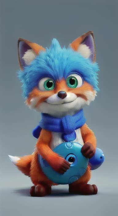  {Error the fox pressing the blue button with his paw, looking puzzled as nothing occurs., Error is a small, bright orange fox with a fluffy tail and big, inquisitive eyes. He has a mischievous yet kind expression and wears a tiny green scarf.