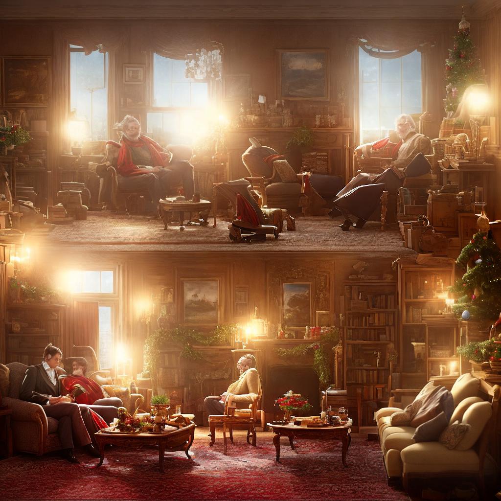  A heartwarming masterpiece, showcasing the best quality in 8k resolution with high detailed and ultra-detailed visuals. Emil, a young boy with blonde hair, is joyfully offering a plate of freshly baked cookies to Nikolaus, a bearded man dressed in a red and white Santa Claus outfit. The scene is set in a cozy living room adorned with a beautifully decorated Christmas tree, twinkling lights, and colorful ornaments. Soft sunlight filters through the window, casting a warm glow on the scene. The room is filled with the aroma of cinnamon and gingerbread. Emil's face lights up with excitement as Nikolaus reaches out to accept the cookies, his eyes twinkling with gratitude and kindness. The atmosphere is festive and filled with love and anticipat hyperrealistic, full body, detailed clothing, highly detailed, cinematic lighting, stunningly beautiful, intricate, sharp focus, f/1. 8, 85mm, (centered image composition), (professionally color graded), ((bright soft diffused light)), volumetric fog, trending on instagram, trending on tumblr, HDR 4K, 8K
