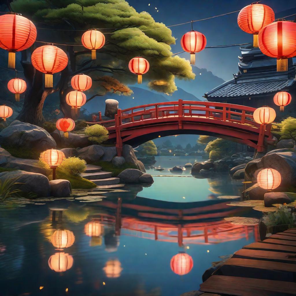  masterpiece, best quality, (fidelity:1.4), best quality, masterpiece, ultra high resolution, 8k resolution, night view inspired by Japanese art, featuring a garden illuminated by paper lanterns and a wooden bridge spanning a tranquil lake with a small Zen temple beside the lake.