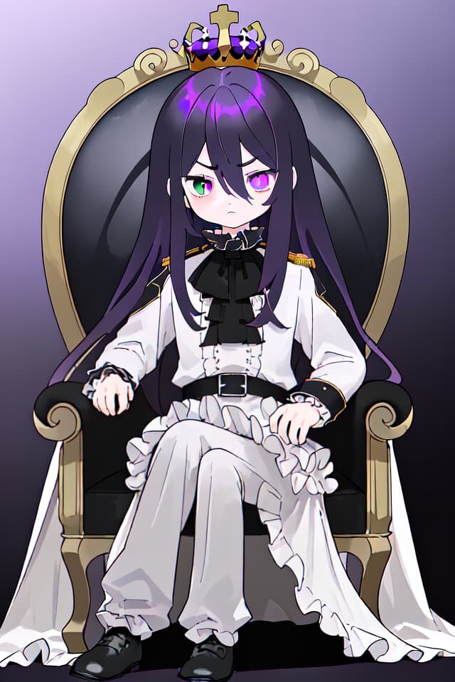  high quality,detailed,ultra detailed,hyper detailed,insanely detailed,highres,absurdres,schoolboy,man,king,lonely,expressionless,neutral,serious look,serious expression,sitting,looking at viewer,hair between eyes,straight hair,long hair,black hair,gradient hair,purple hair,purple eyes,odd eyes,green eyes,big eyes,heterochromia,fair skin,short,slim,frilled clothing,pants,military uniform,crown,purple background,black background,white background,gray background,with a king chair,dark atmosphere,gothic atmosphere,full body shot,from front,ground level shot