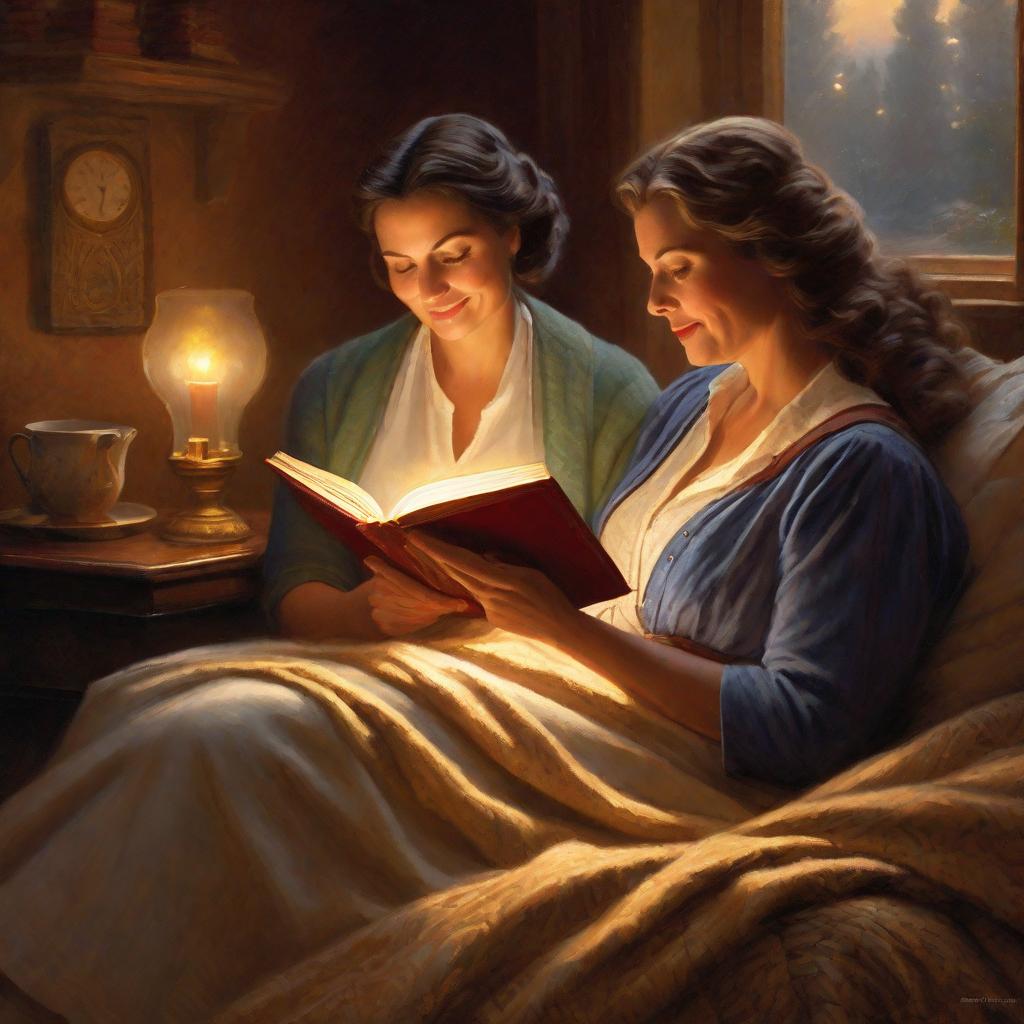  "A cozy time scene where a mother and are nestled comfortably under a warm quilt together. The mother is holding an open, antique storybook, the light glow from its pages illuminating their faces softly. The mother is gently whispering the story to her , visible from the tender and loving expression on her face. The , wide-eyed with anticipation and excitement, is gazing at the mother with a sense of wonder and joy. Surrounding them is the dimly lit room ed in soft hues and complete with plush toys, a small side table with a lamp, and a moon visible through the window casting a soft glow. The scene radiates a magical and warm atmosphere, invoking feelings of love, safety, and the enchantment of storytelling."((m hyperrealistic, full body, detailed clothing, highly detailed, cinematic lighting, stunningly beautiful, intricate, sharp focus, f/1. 8, 85mm, (centered image composition), (professionally color graded), ((bright soft diffused light)), volumetric fog, trending on instagram, trending on tumblr, HDR 4K, 8K