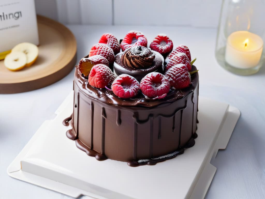  An ultradetailed image of a decadent vegan chocolate cake topped with swirls of creamy, plantbased frosting made from coconut milk and dark chocolate ganache. The cake sits on a sleek, modern white cake stand, with a few scattered cacao nibs and fresh raspberries decorating the pristine surface around it. The lighting is soft, casting a gentle glow that highlights the glossy sheen of the frosting and the rich, moist texture of the cake, creating a mouthwatering and visually stunning focal point. hyperrealistic, full body, detailed clothing, highly detailed, cinematic lighting, stunningly beautiful, intricate, sharp focus, f/1. 8, 85mm, (centered image composition), (professionally color graded), ((bright soft diffused light)), volumetric fog, trending on instagram, trending on tumblr, HDR 4K, 8K