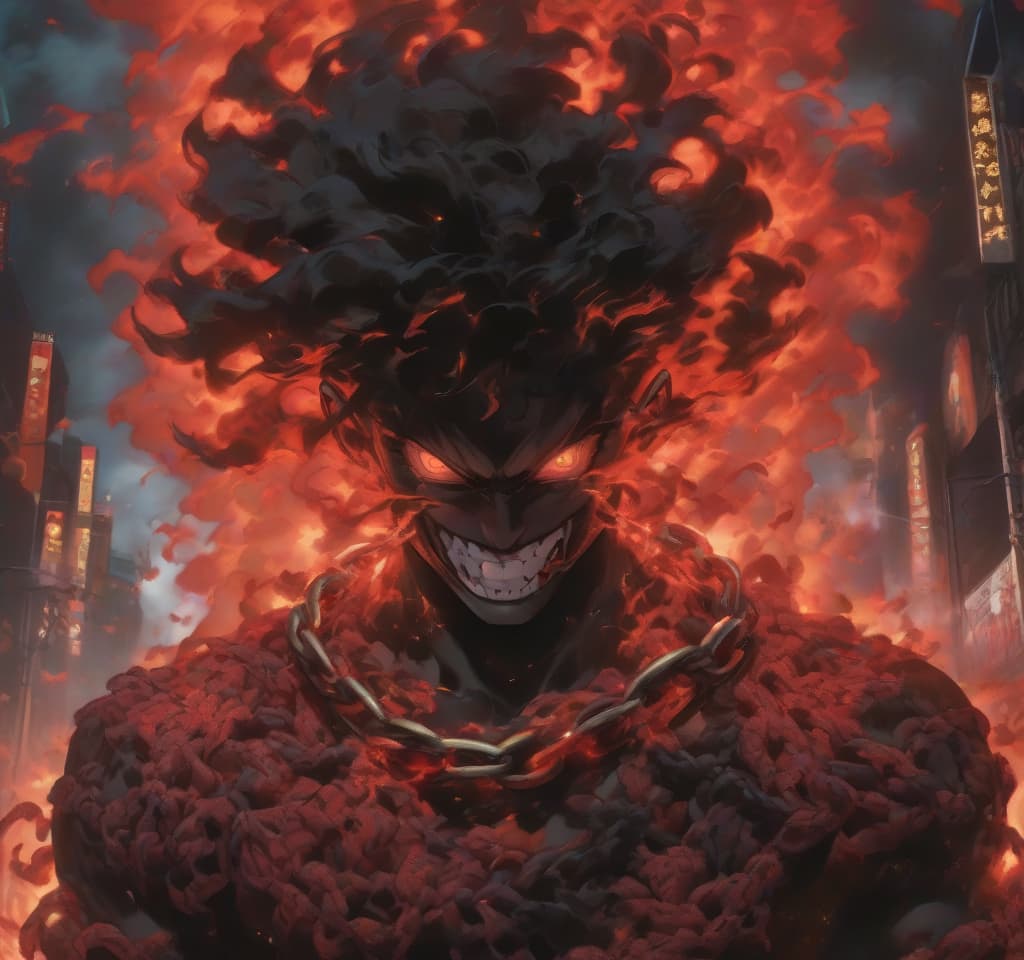  hyperrealistic art a demonic demon with chains around his neck, city on fire background, detailed anime character art, prisoner, kimetsu no yaiba, streaming on twitch, human torch, absolutely outstanding image, rising from the void, killua zoldyck portrait, the shackled, red on black, douglas smith, proto metal . extremely high resolution details, photographic, realism pushed to extreme, fine texture, incredibly lifelike hyperrealistic, full body, detailed clothing, highly detailed, cinematic lighting, stunningly beautiful, intricate, sharp focus, f/1. 8, 85mm, (centered image composition), (professionally color graded), ((bright soft diffused light)), volumetric fog, trending on instagram, trending on tumblr, HDR 4K, 8K